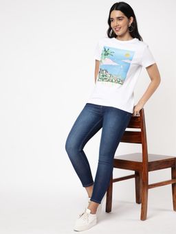 R&B - Women White Cotton Half Sleeves T-Shirt