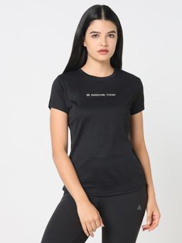 R&B - Women Black Polyester Half Sleeves T-Shirt