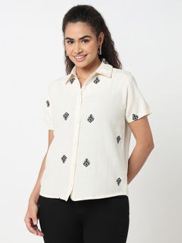 R&B - Women Ivory Viscose Blend Half Sleeves Shirt