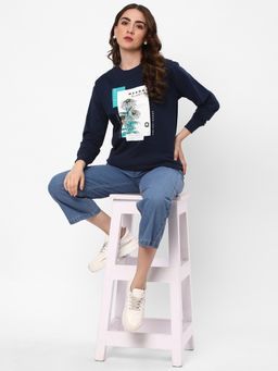 R&B - Women Navy Blue Cotton Full Sleeves Sweatshirt