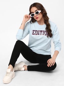 R&B - Women Blue Cotton Full Sleeves Sweatshirt