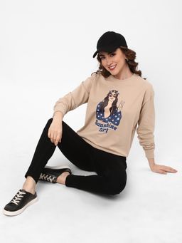 R&B - Women Beige Cotton Full Sleeves Sweatshirt