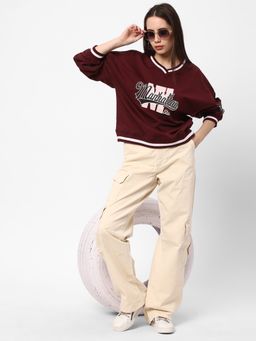 R&B - Women Maroon Cotton Full Sleeves Sweatshirt