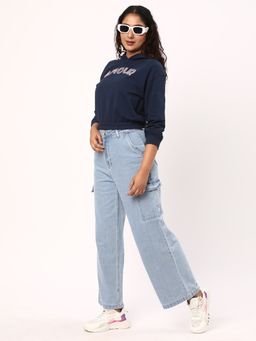 R&B - Women Navy Blue Cotton Full Sleeves Hoodie