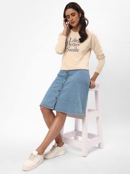 R&B - Women Beige Cotton Full Sleeves Sweatshirt