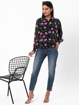 R&B - Women Black Polyester Ruffled Sleeves Top