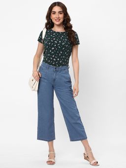 R&B - Women Green Cotton Blend Half Sleeves Top