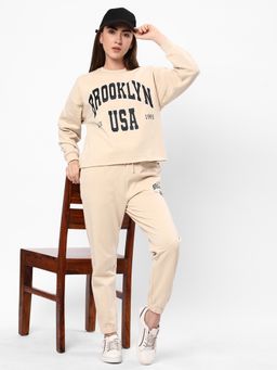 R&B - Women Beige Cotton Full Sleeves Sweatshirt