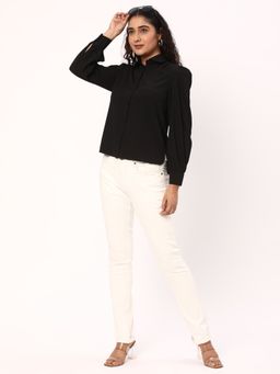 R&B - Women Black Polyester Puff Sleeves Shirt