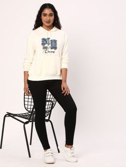 R&B - Women Off White Cotton Full Sleeves Hoodie