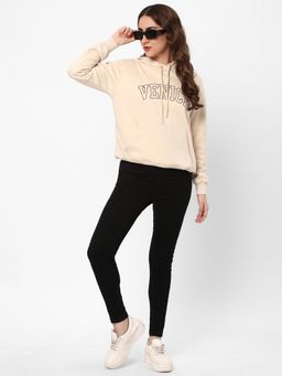 R&B - Women Beige Cotton Full Sleeves Hoodie