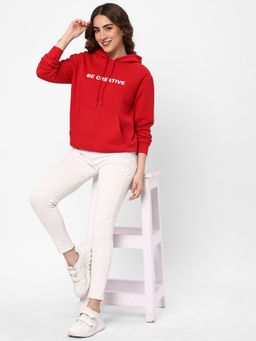 R&B - Women Red Cotton Full Sleeves Hoodie