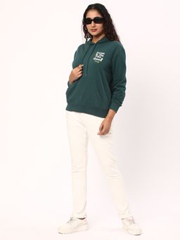 R&B - Women Green Cotton Full Sleeves Hoodie