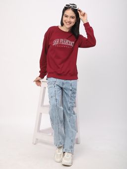 R&B - Women Burgundy Cotton Full Sleeves Sweatshirt