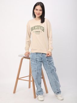 R&B - Women Beige Cotton Full Sleeves Sweatshirt