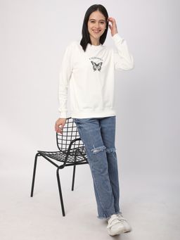 R&B - Women Ivory Cotton Full Sleeves Sweatshirt