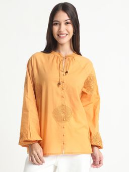 R&B - Women Mustard Cotton Puff Sleeves Top
