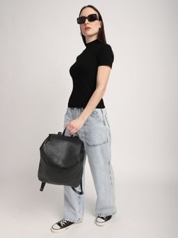 R&B - Women Black Cotton Half Sleeves Top