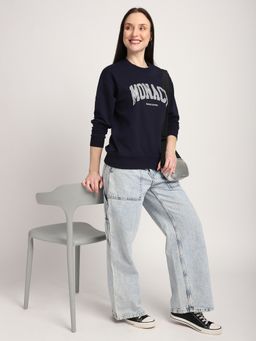 R&B - Women Navy Blue Cotton Full Sleeves Sweatshirt