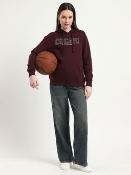 R&B - Women Wine Cotton Blend Puff Sleeves Hoodie