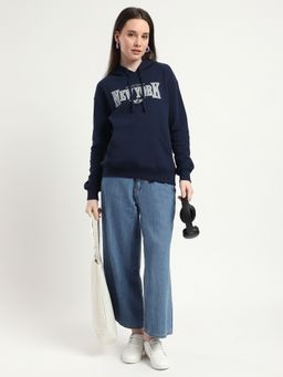 R&B - Women Navy Blue Cotton Blend Puff Sleeves Hoodie