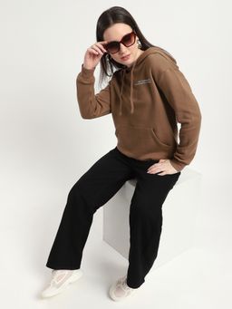 R&B - Women Brown Cotton Blend Puff Sleeves Hoodie