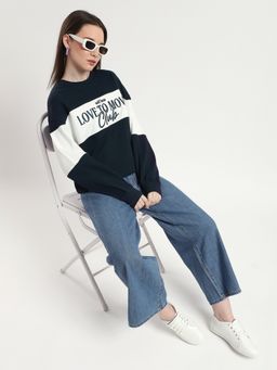 R&B - Women Navy Blue Cotton Puff Sleeves Sweatshirt