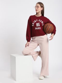 R&B - Women Burgundy Cotton Full Sleeves Sweatshirt