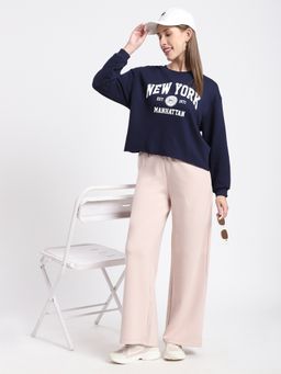R&B - Women Navy Blue Cotton Full Sleeves Sweatshirt