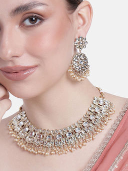 Estele - Gold Plated Fancy And Beautiful Kundan Necklace Set with White Pearls For Women