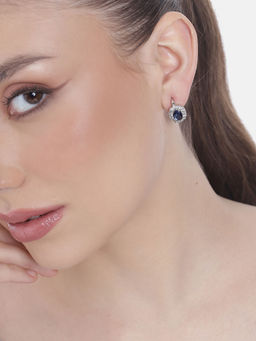 Estele - Rhodium Plated CZ Fascinating Flower Shaped Stud Earrings with Blue Stones For Women