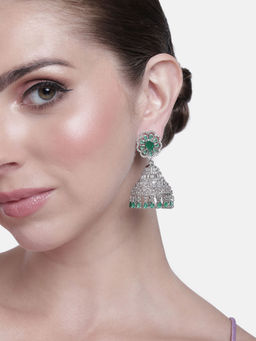 Estele - Rhodium Plated CZ Flower Designer Jhumki Earrings with Green Stones For Women