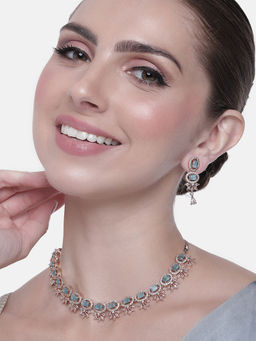 Estele - Rose Gold Plated CZ Fascinating Necklace Set with Mint Blue Stones For Women