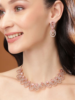 Estele - Rose Gold Plated CZ Attractive Necklace Set with Pink Stones For Women