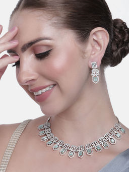 Estele - Rhodium Plated CZ Dazzling Necklace Set with Mint Green Stones For Women