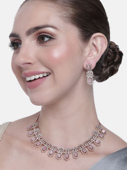 Estele - Rose Gold Plated CZ Dazzling Necklace Set with Pink Stones For Women