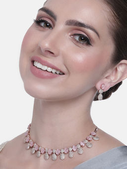 Estele - Rose Gold Plated CZ Shimmering Necklace Set with Pink Stones For Women