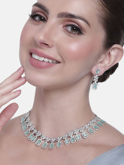 Estele - Rhodium Plated CZ Fascinating Necklace Set with Mint Green Stones For Women