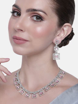 Estele - Rhodium Plated CZ Geometric Designer Necklace Set with Pink Stones For Women