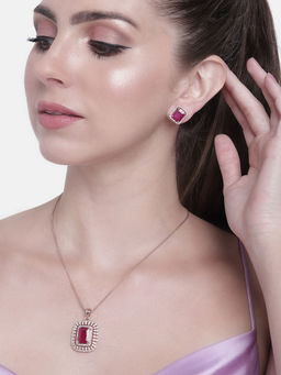 Estele - Rose Gold Plated CZ Sparkling Square Designer Pendant Set with Ruby Stones For Women