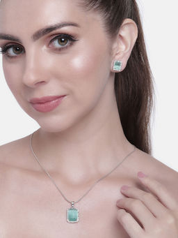 Estele - Rhodium Plated CZ Square Designer Pendant Necklace Set with Mint Green Stone For Women