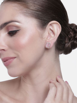 Estele - Rose Gold Plated CZ Square Designer Stud Earrings with Pink Stones For Women