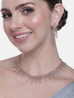 Estele - Rose Gold Plated CZ Sparkling Necklace Set with Mint Green Stones For Women