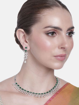 Estele - Rhodium Plated CZ Classic Necklace Set with Green Stones For Women