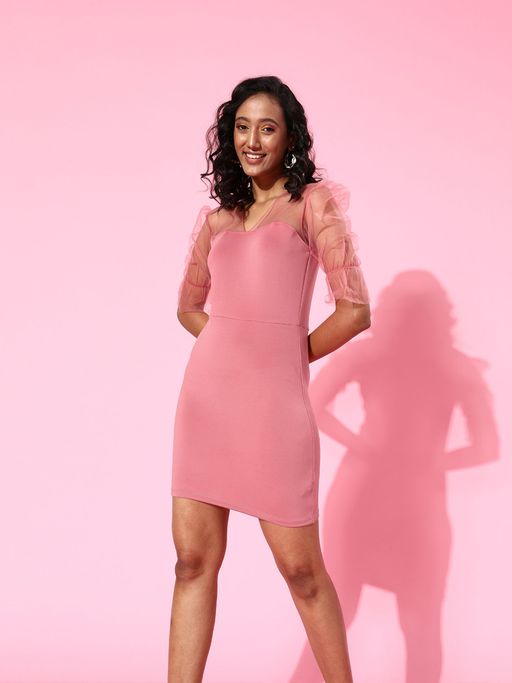 Buy KASSUALLY Pastel Pink Solid Sweetheart Neck Dress Online