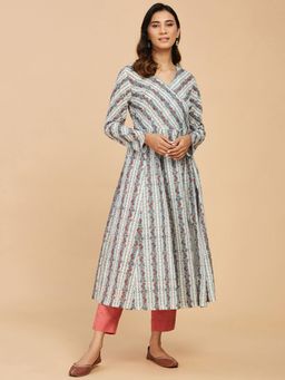 Fabindia - White Cotton Hand Block Printed Slim Fit Long Kurta