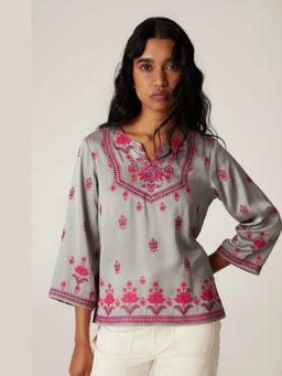 THREE-THREE - Women Grey Floral Printed Top