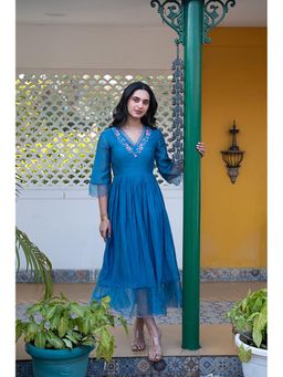 KAVANA - Women Floral Embroidered Blue Greta Midi Dress