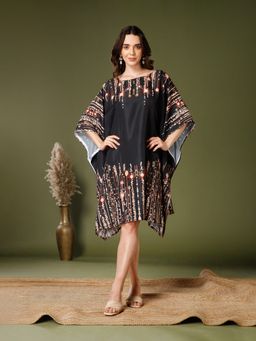 Aditi Wasan - Poly Crepe Boat Neck Black Kaftan Dress