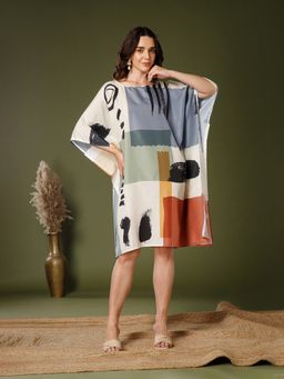 Aditi Wasan - Poly Crepe Boat Neck Beige Kaftan Dress